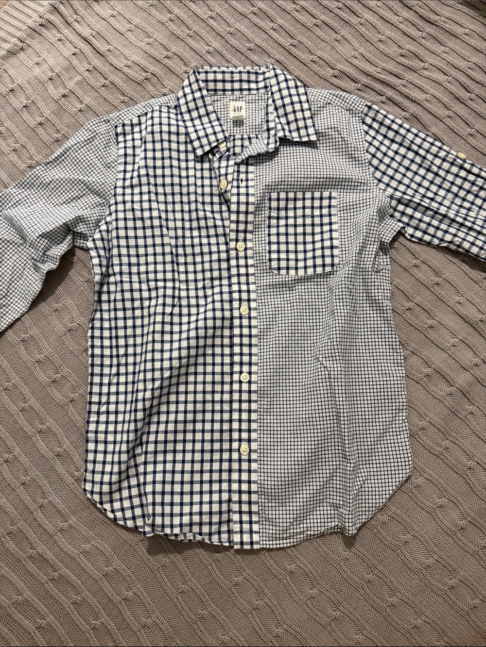 GAP Boys 10 Blue and White Check Patchwork Button-Down Shirt
